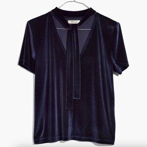 Madewell Velvet Tie Neck Top Size XS Short Sleeve Nightfall Blue Romantic